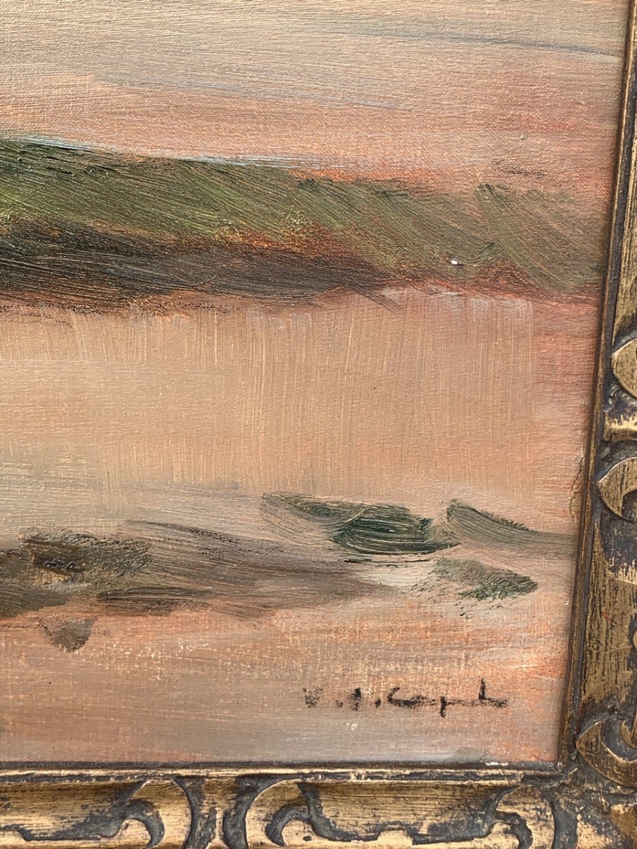 Vittorio Antonio Cargnel (Venise 1872 - Milan 1931) - Paysage avec village et personnages.-photo-2