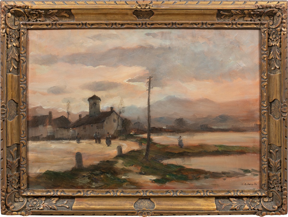 Vittorio Antonio Cargnel (Venise 1872 - Milan 1931) - Paysage avec village et personnages.