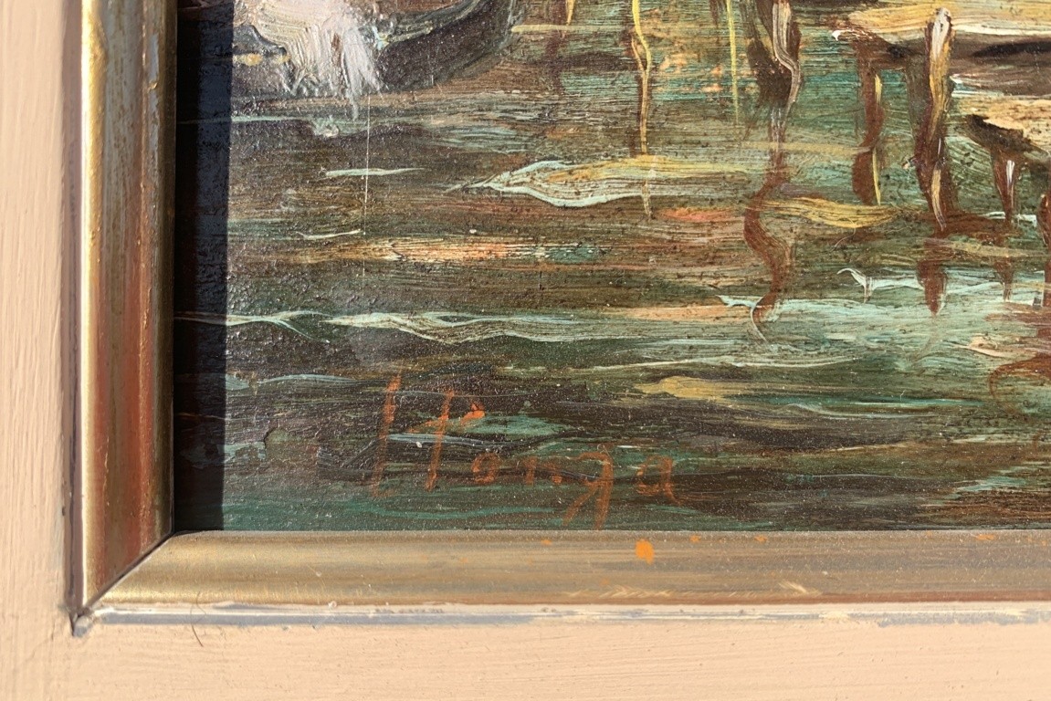 Lucia Ponga degli Ancillo (1887-1966) - Capriccio vénitien avec jetée, gondole et personnages.-photo-2