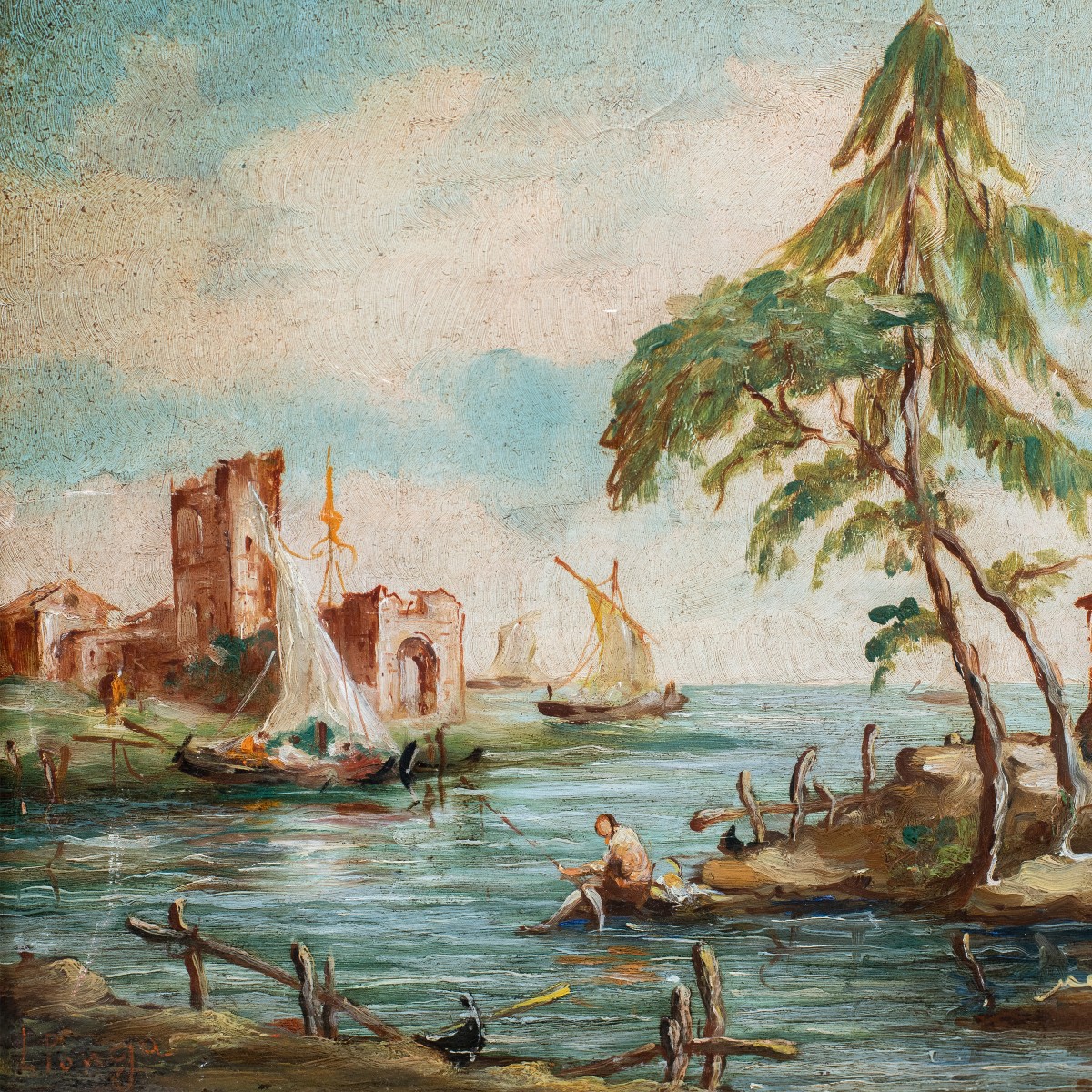 Lucia Ponga Degli Ancillo (1887 - 1966) - Venetian Capriccio With Ruins, Boats And Figures.-photo-2