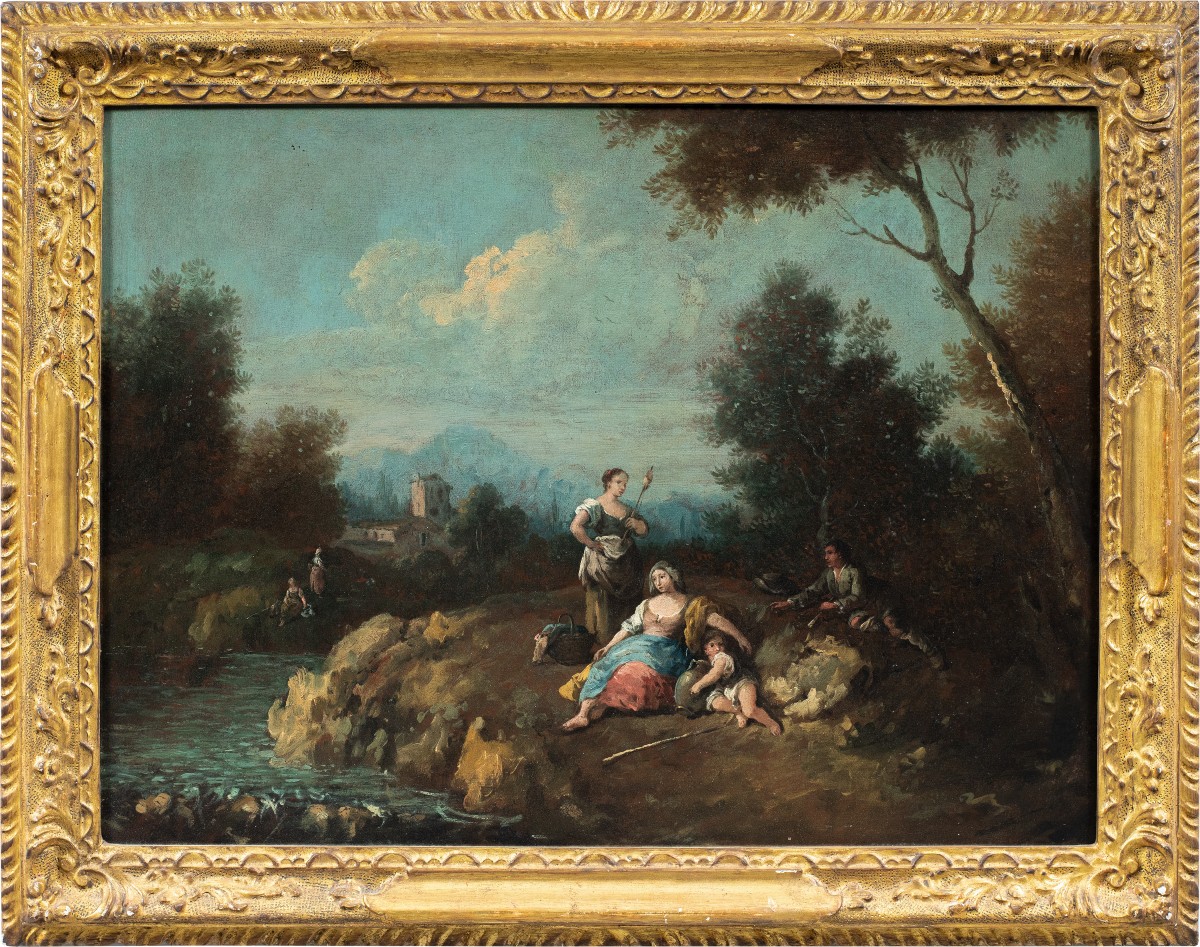 Giuseppe Zais (Forno di Canale 1709 - Trévise 1784) - Paysage avec bergers et fileuse.