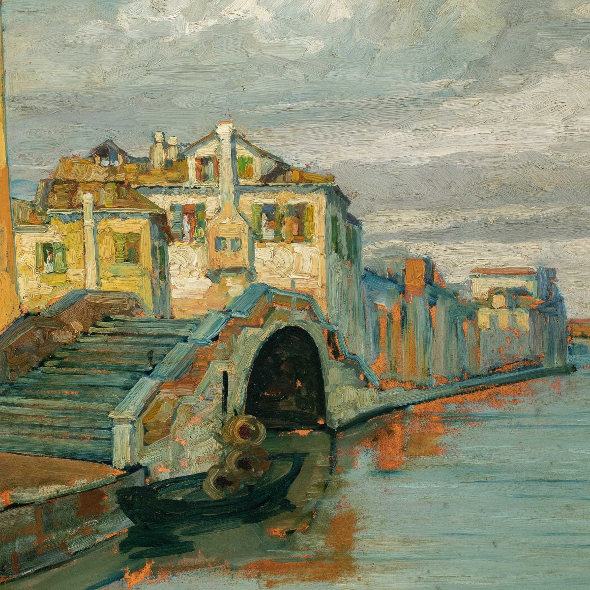 Venetian Painter (early 20th Century) - Venetian Canal With Bridge And Gothic Palace.-photo-2