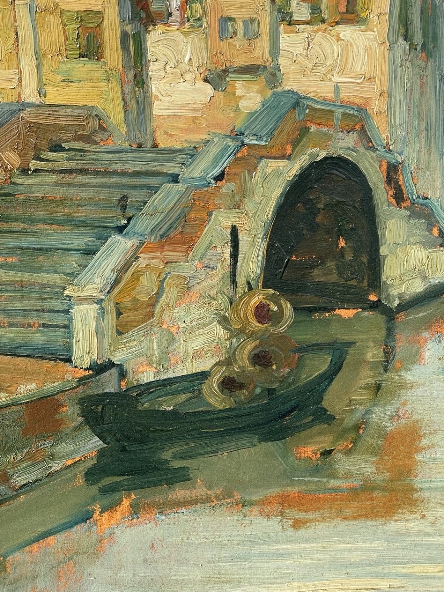 Venetian Painter (early 20th Century) - Venetian Canal With Bridge And Gothic Palace.-photo-2
