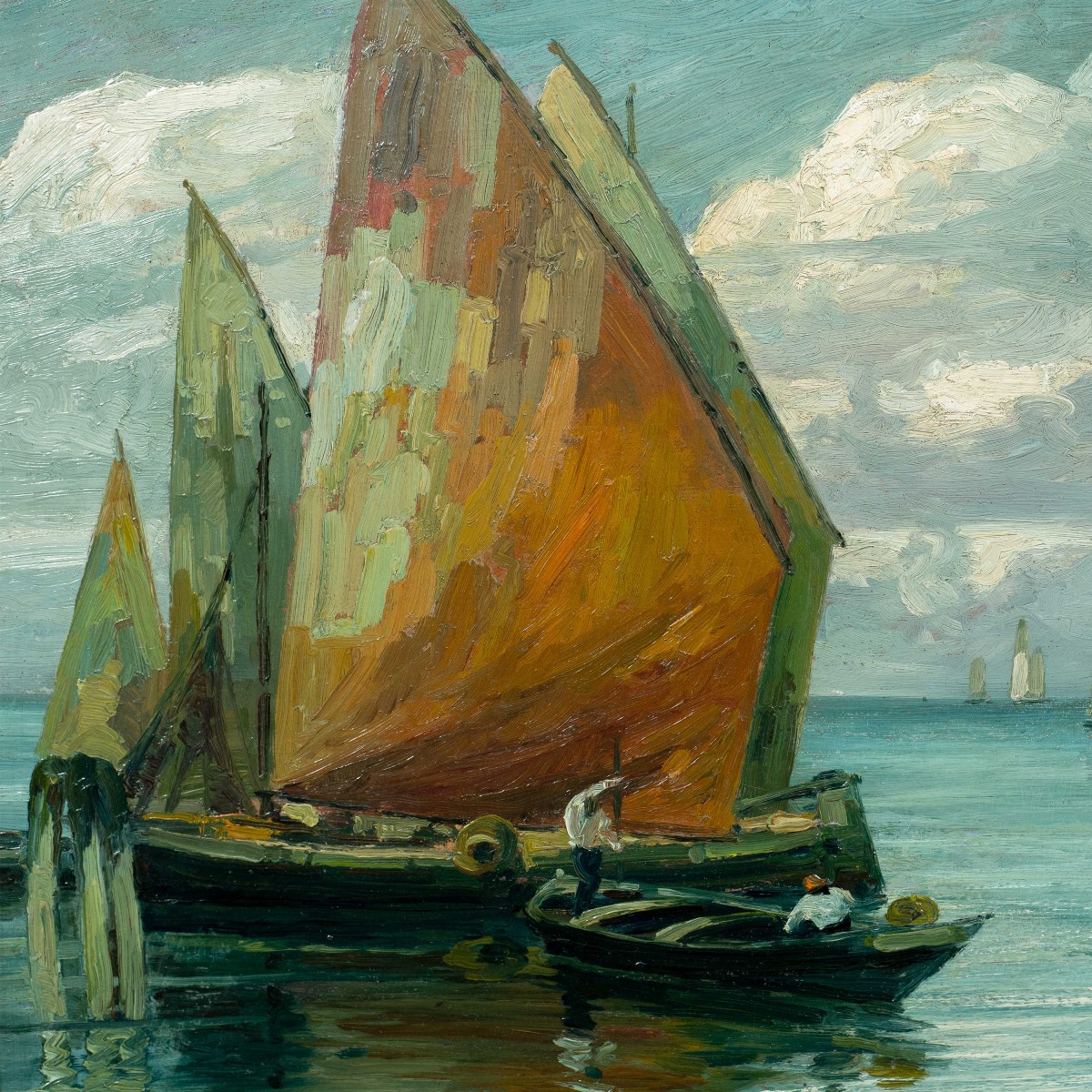 E. Scattolini (venice, Early 20th Century) - Bragozzi With Raised Sails On The Lagoon.-photo-2