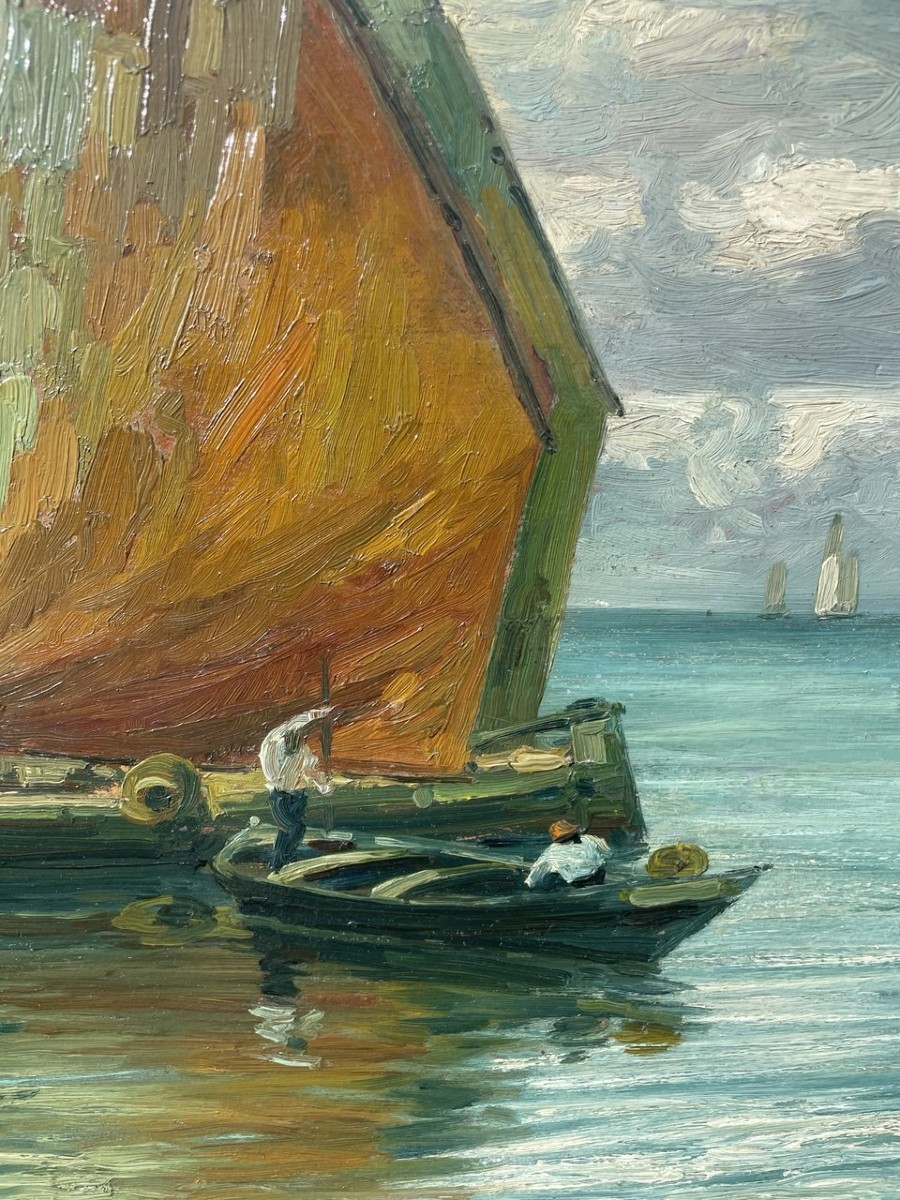 E. Scattolini (venice, Early 20th Century) - Bragozzi With Raised Sails On The Lagoon.-photo-2