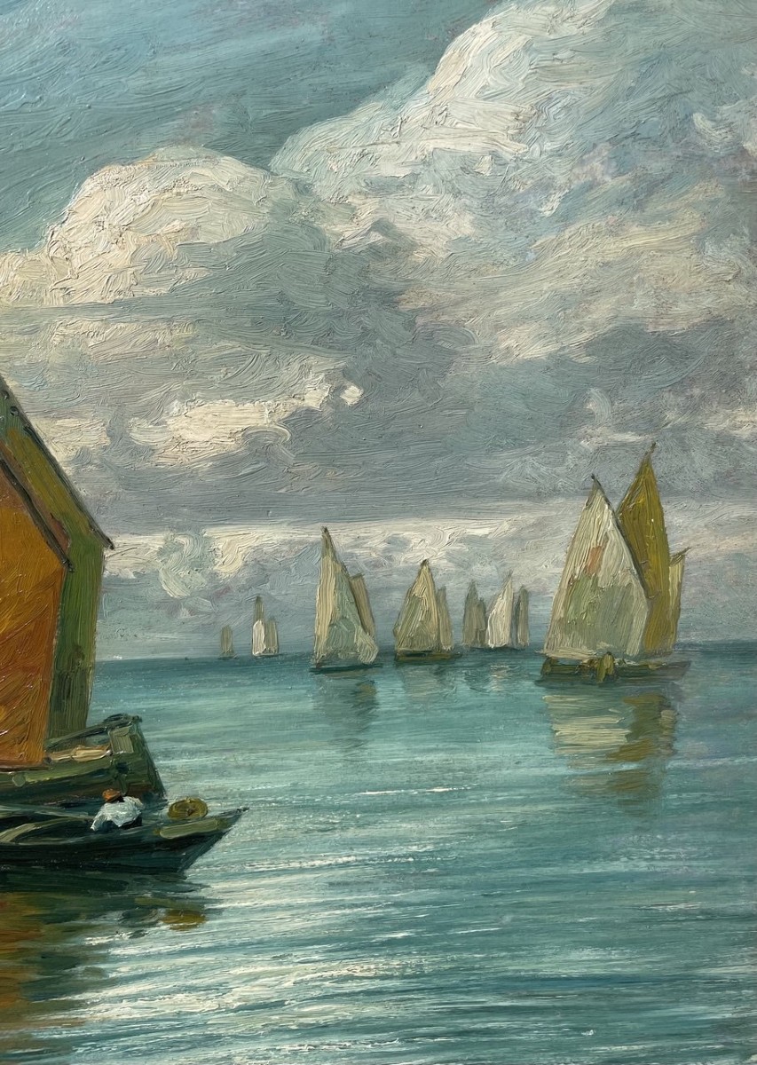 E. Scattolini (venice, Early 20th Century) - Bragozzi With Raised Sails On The Lagoon.-photo-3