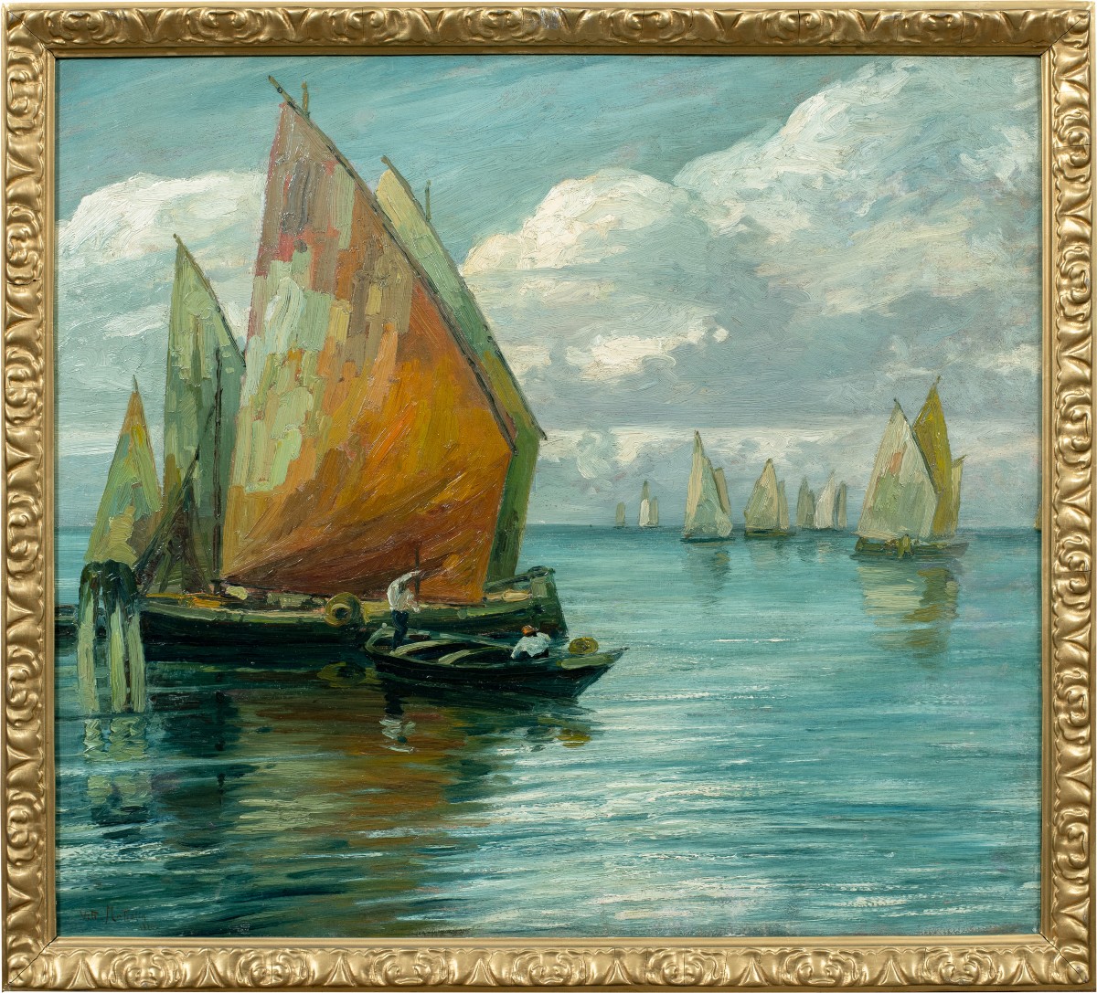 E. Scattolini (venice, Early 20th Century) - Bragozzi With Raised Sails On The Lagoon.