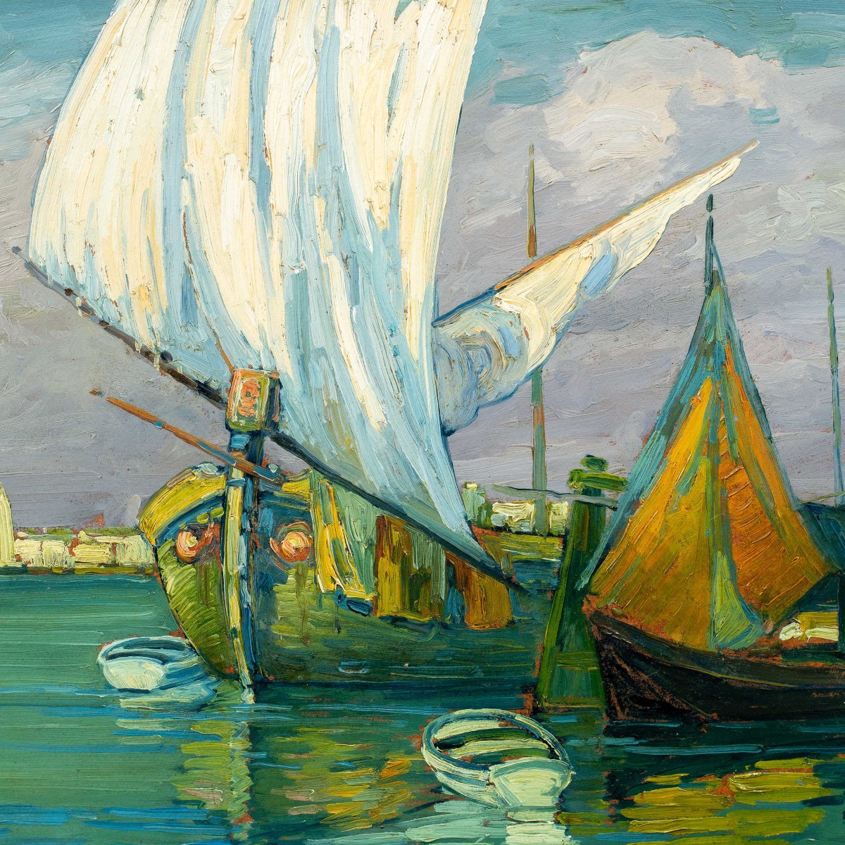 E. Scattolini (venice, Early 20th Century) - Bragozzi With Raised Sails On The Lagoon.-photo-2