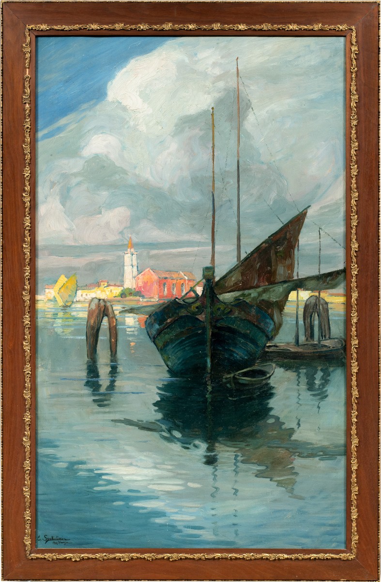 E. Scattolini (venice, Early 20th Century) - Fishing Boats On The Lagoon With A View Of Burano.
