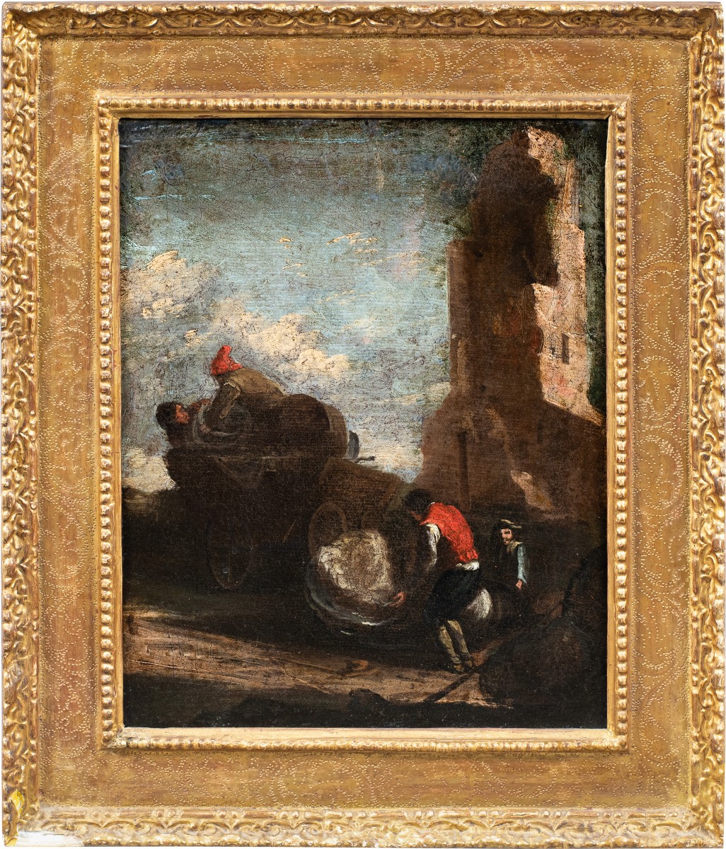 Peintre romain (XVIIIe siècle) - Paysage avec voyageurs.