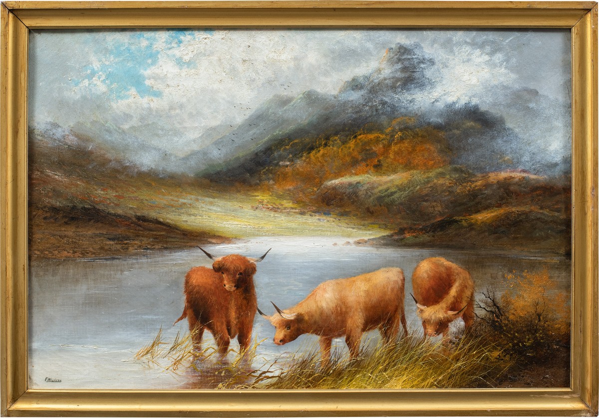 Frank Walters (british, Late 19th Century) - Highland Cattle On The Lakeshore.