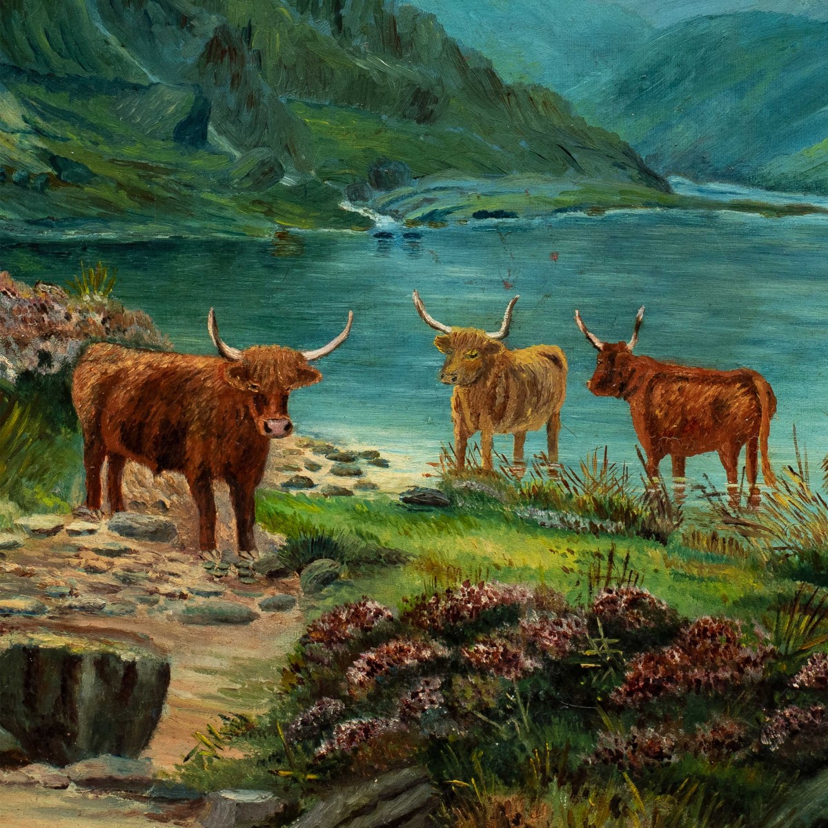 Lilian Harrison (british, Late 19th - Early 20th Century) - Highland Cattle By A Mountain Loch.-photo-2