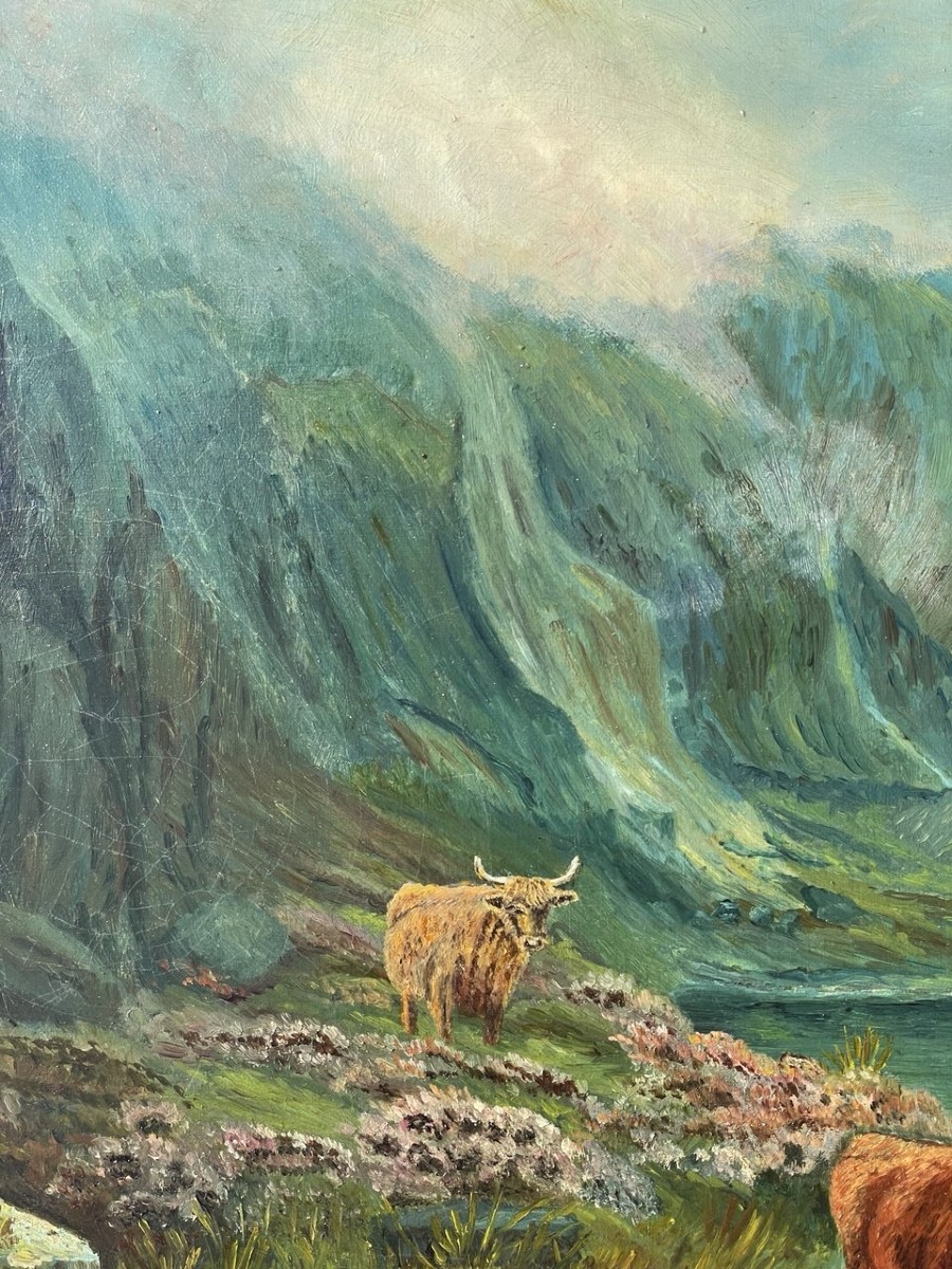 Lilian Harrison (british, Late 19th - Early 20th Century) - Highland Cattle By A Mountain Loch.-photo-2