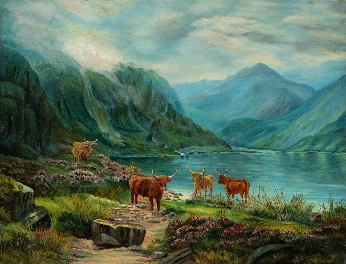 Lilian Harrison (british, Late 19th - Early 20th Century) - Highland Cattle By A Mountain Loch.