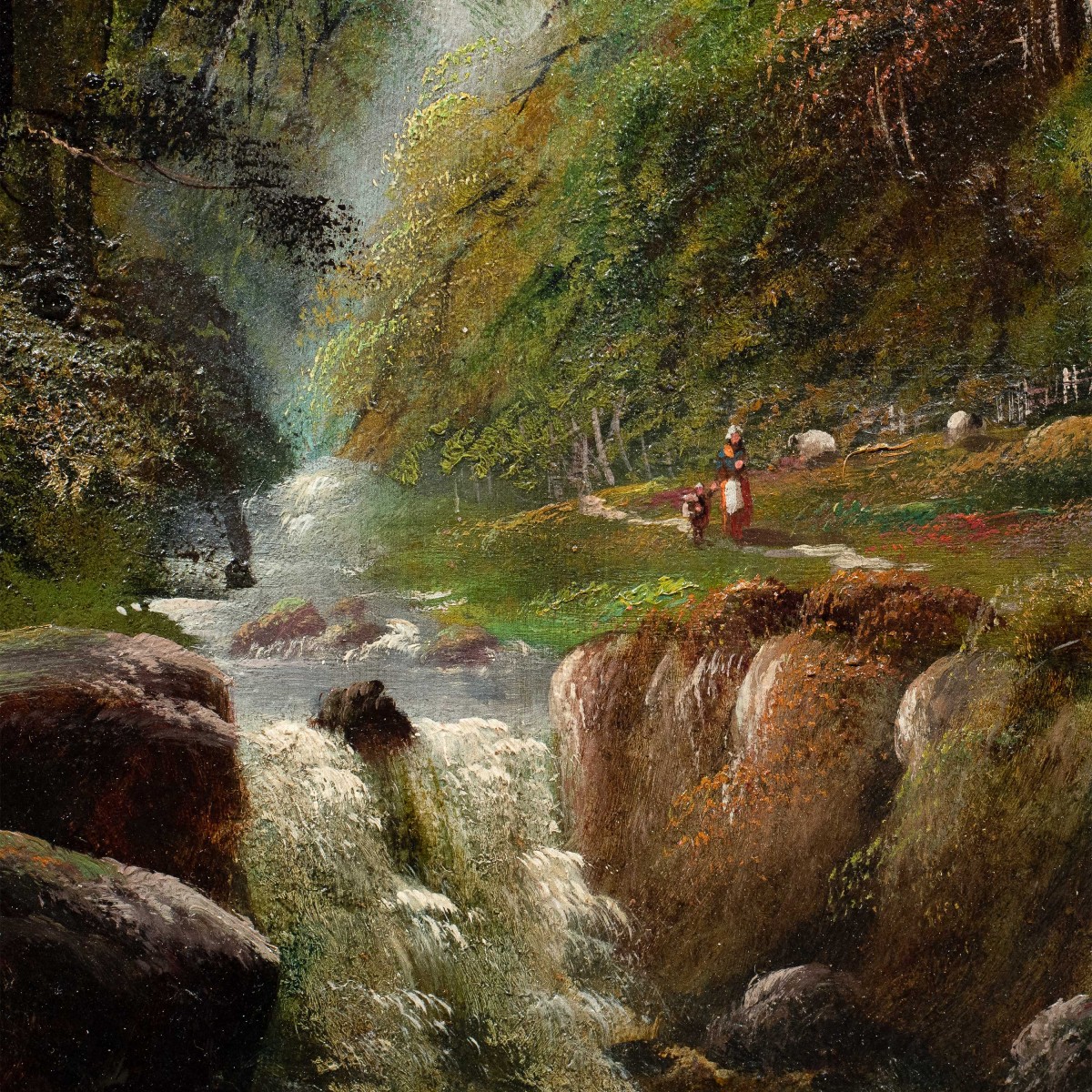 British Painter (19th-20th Century) - Wooded Landscape With Waterfall, Shepherdess And Flock.-photo-2