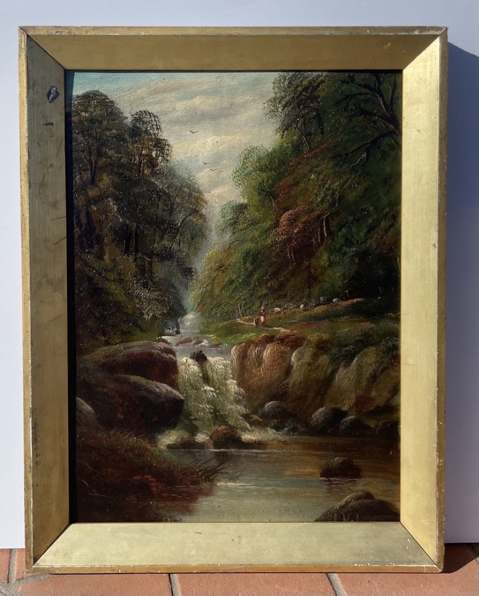 British Painter (19th-20th Century) - Wooded Landscape With Waterfall, Shepherdess And Flock.-photo-4