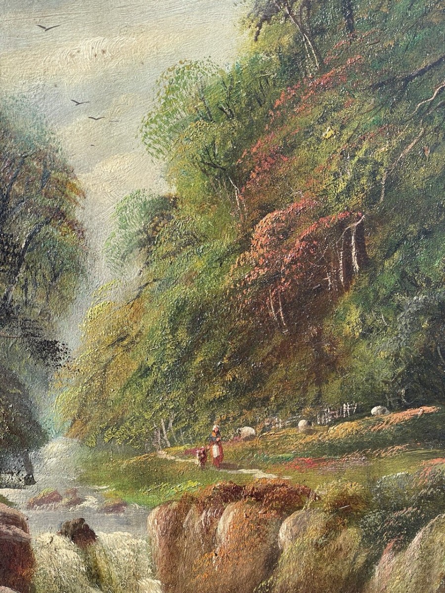 British Painter (19th-20th Century) - Wooded Landscape With Waterfall, Shepherdess And Flock.-photo-1