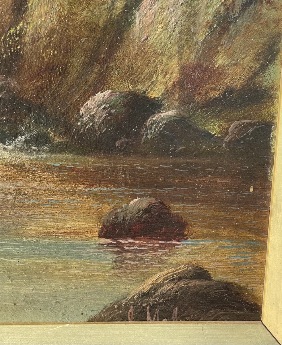 British Painter (19th-20th Century) - Wooded Landscape With Waterfall, Shepherdess And Flock.-photo-2