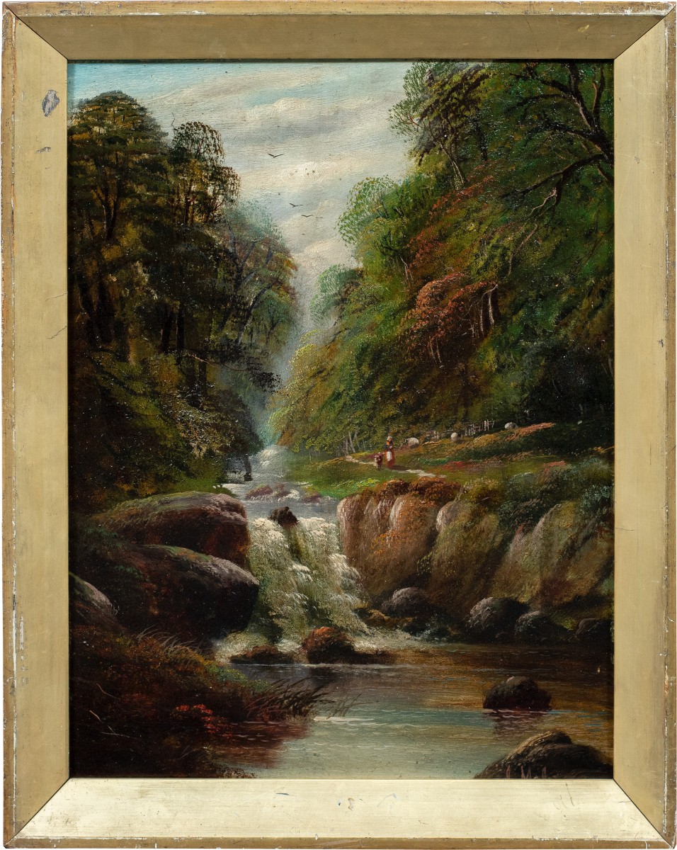 British Painter (19th-20th Century) - Wooded Landscape With Waterfall, Shepherdess And Flock.