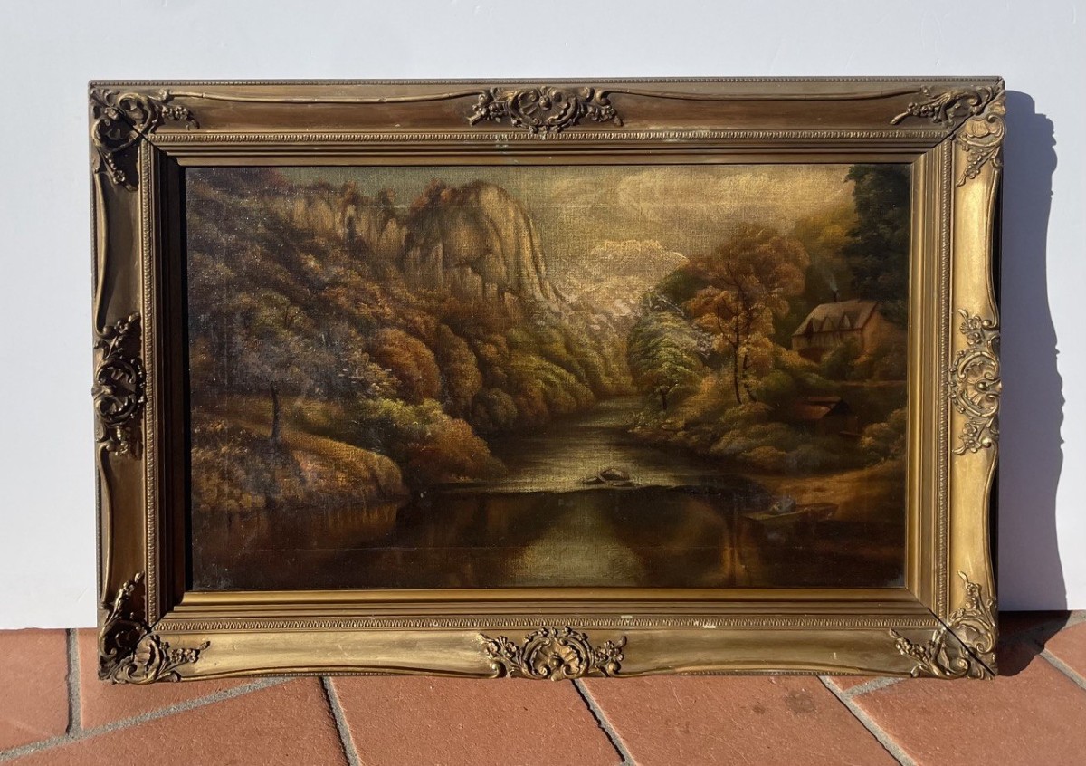 Northern European Painter (19th-20th Century) - River Landscape With Rocks And Farmhouse.-photo-4