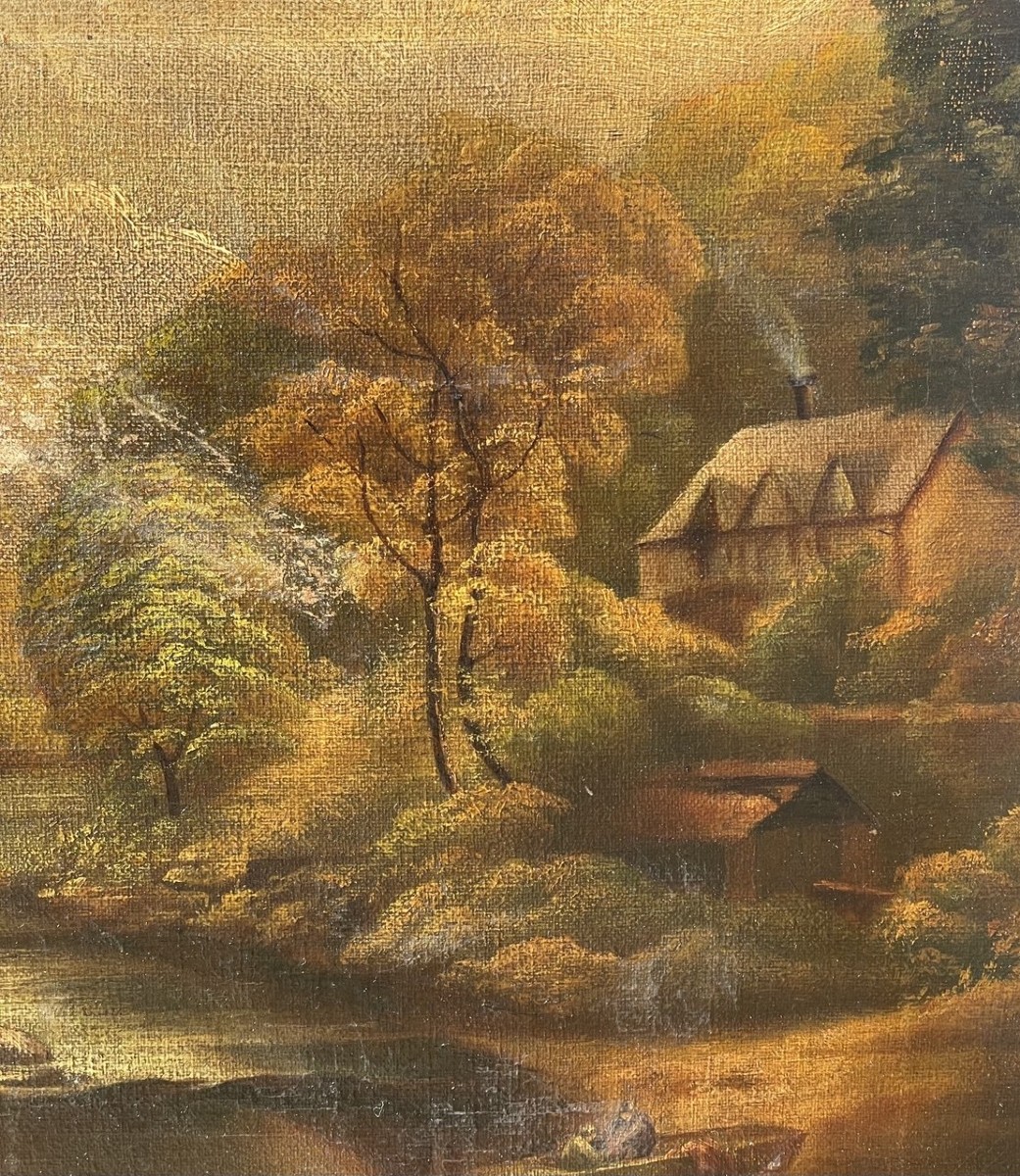 Northern European Painter (19th-20th Century) - River Landscape With Rocks And Farmhouse.-photo-1
