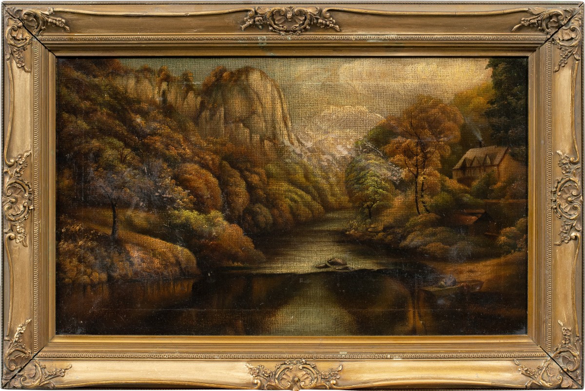 Northern European Painter (19th-20th Century) - River Landscape With Rocks And Farmhouse.