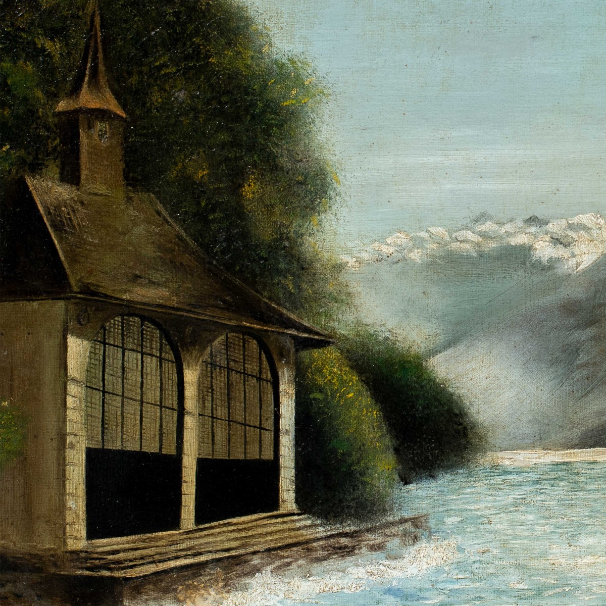 British Painter (19th - 20th Century) - Alpine Lake Landscape With Boathouse.-photo-2