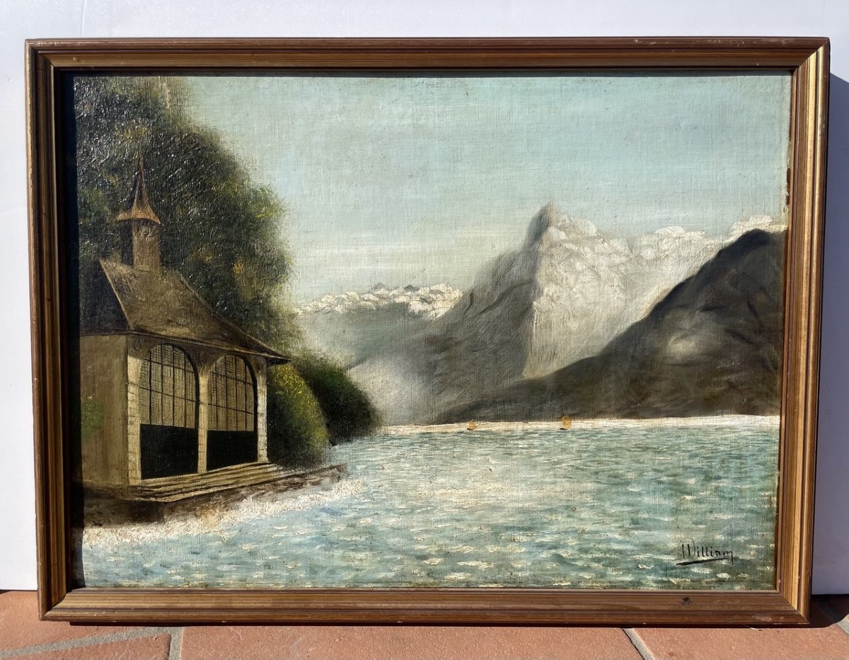British Painter (19th - 20th Century) - Alpine Lake Landscape With Boathouse.-photo-1