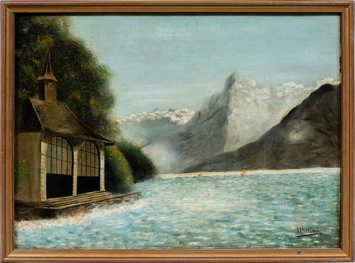 British Painter (19th - 20th Century) - Alpine Lake Landscape With Boathouse.
