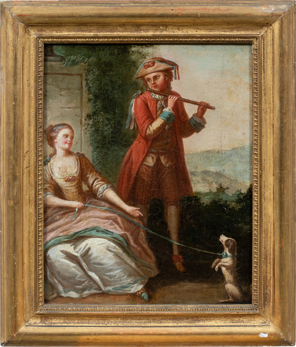 French Painter (18th Century) - Flute Player And Dog.