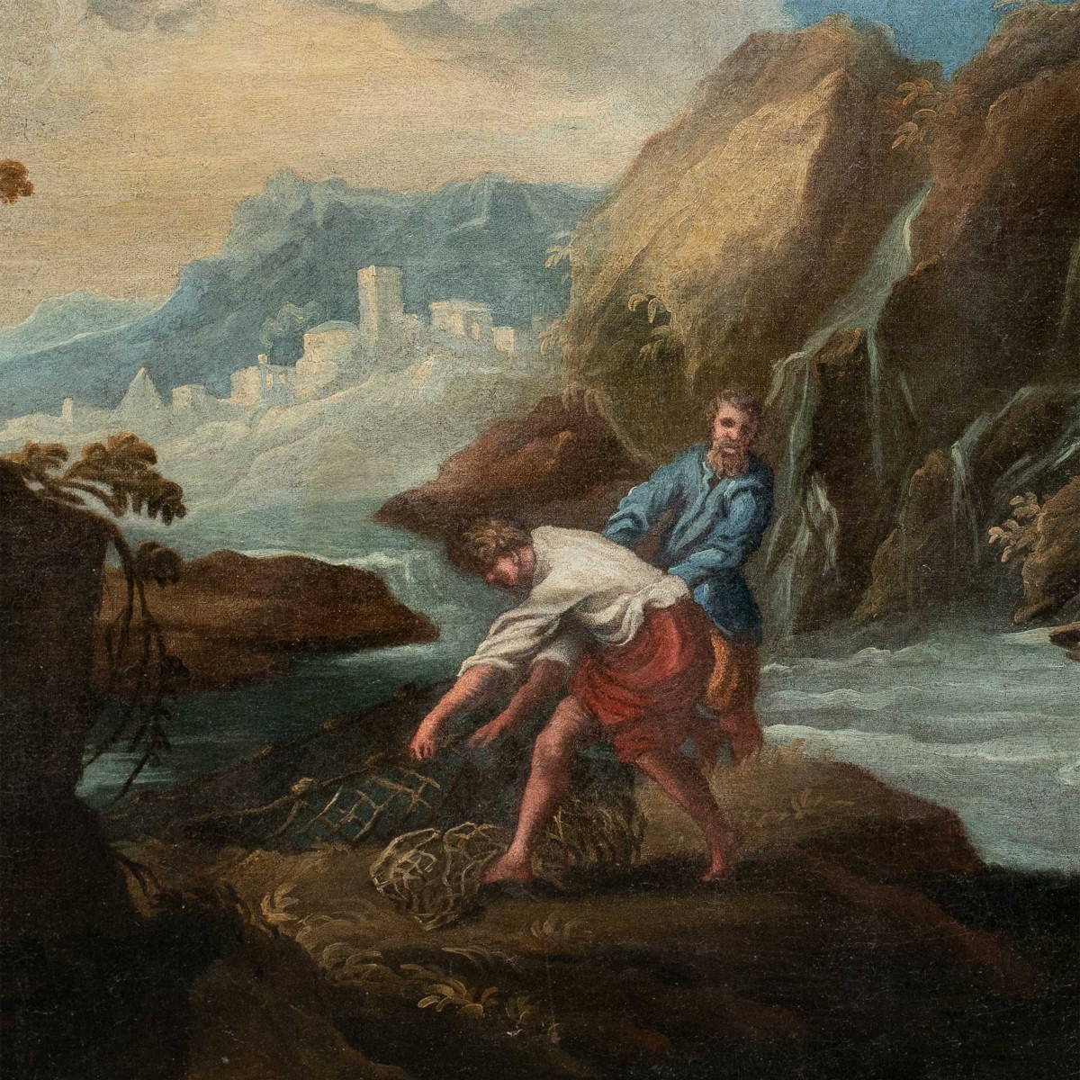 Attribué à Bartolomeo Pedon (Venise 1665 - Venise 1732) - Paysage fluvial avec pêcheurs.-photo-2