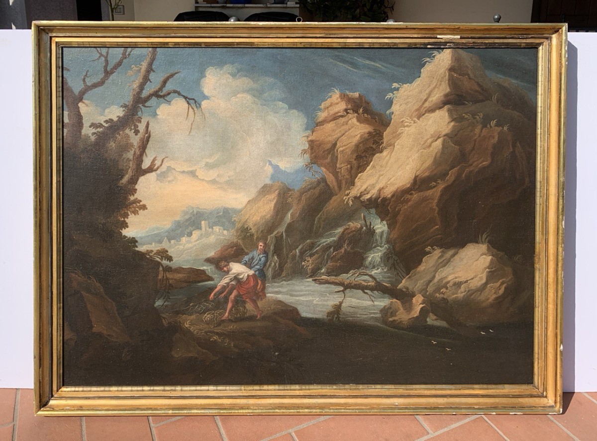 Attribué à Bartolomeo Pedon (Venise 1665 - Venise 1732) - Paysage fluvial avec pêcheurs.-photo-4