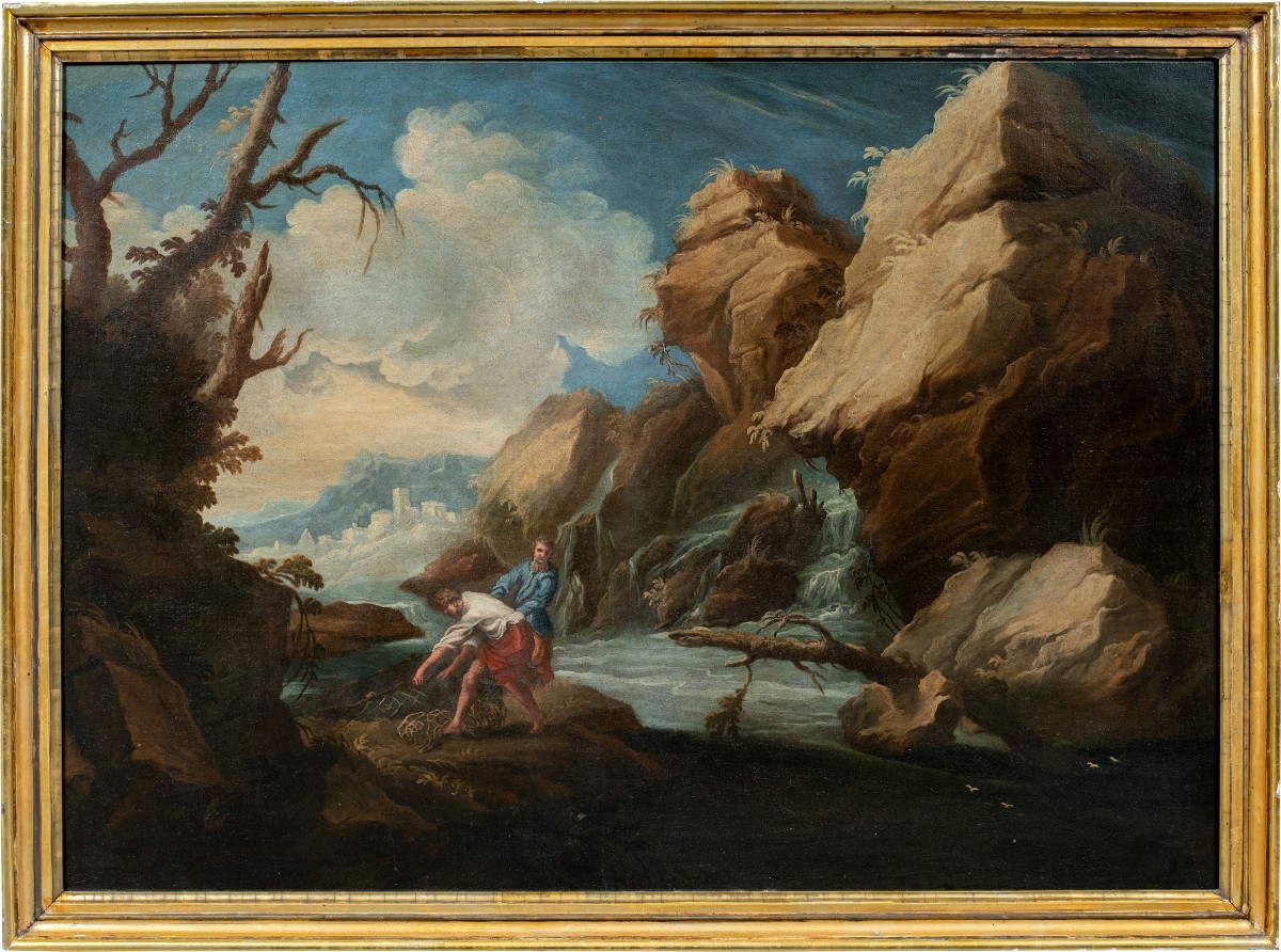 Attribué à Bartolomeo Pedon (Venise 1665 - Venise 1732) - Paysage fluvial avec pêcheurs.