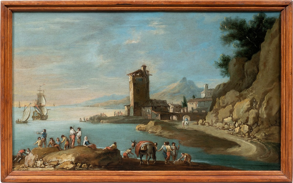 Attributed To Francesco Simonini (xviii) - Harbour Landscape With Tower And Figures.
