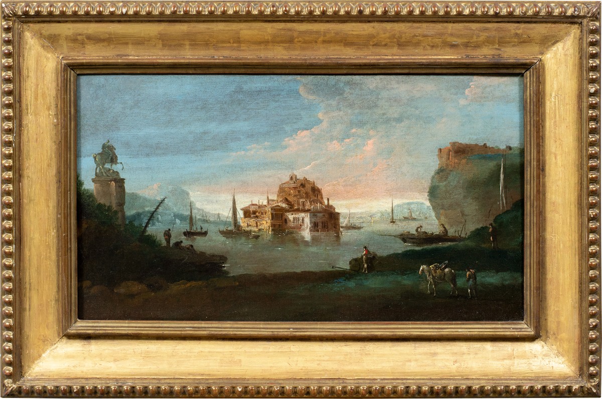 Giuseppe Bernardino Bison (xviii) - Fantastic Landscape With A Citadel And Equestrian Statue.