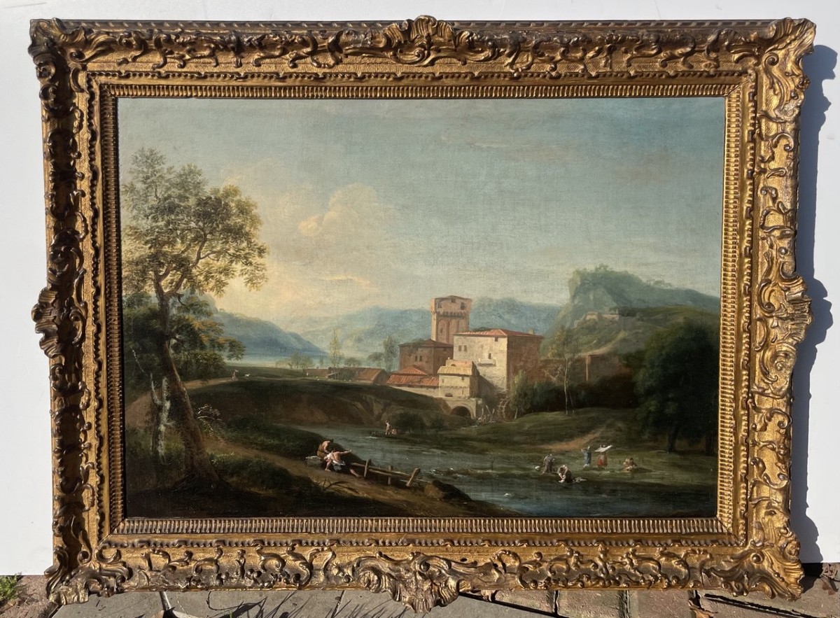Marco Ricci (Belluno 1676 - Venise 1730) - Paysage idyllique avec rivière et moulin.-photo-1