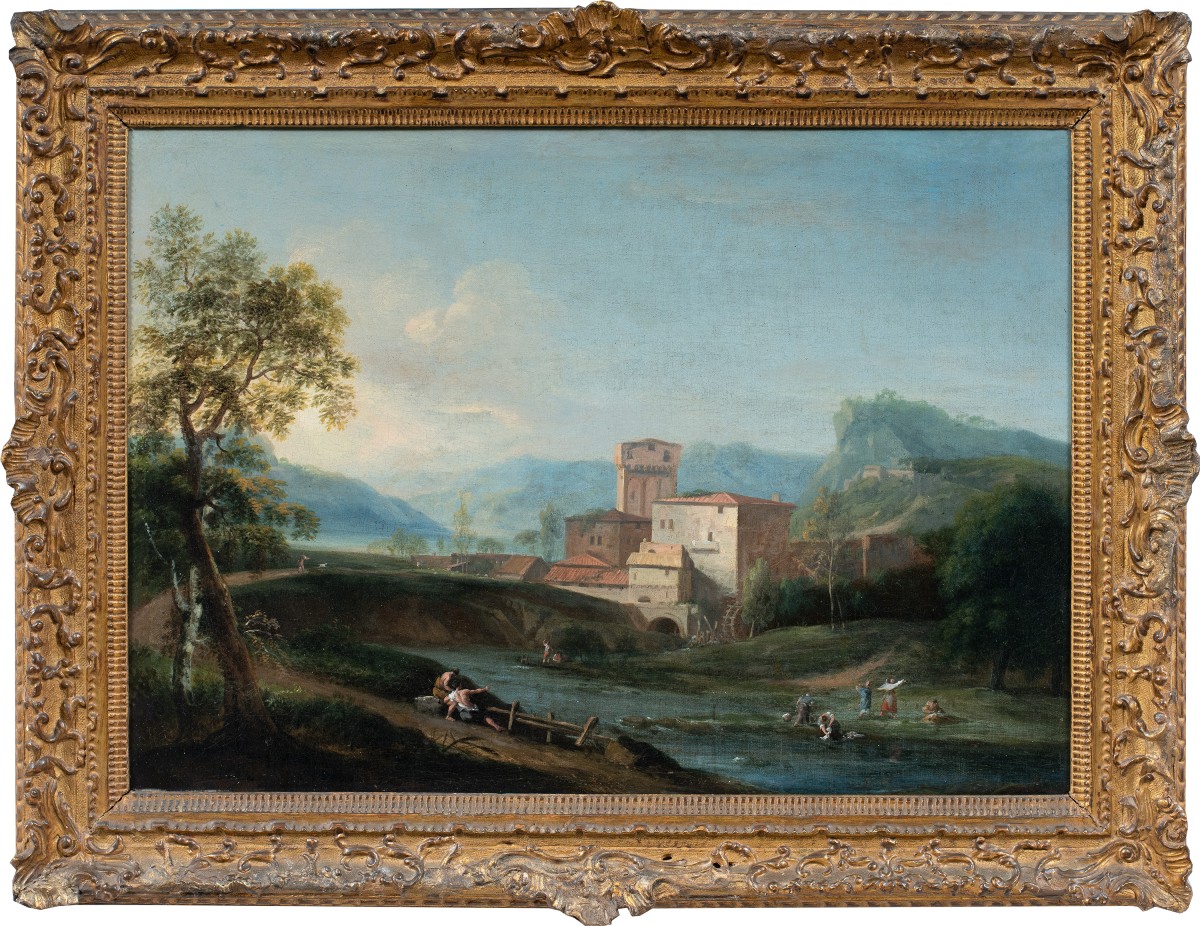 Marco Ricci (Belluno 1676 - Venise 1730) - Paysage idyllique avec rivière et moulin.