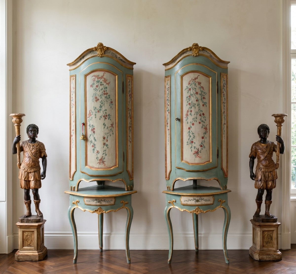 Paire de meubles d'angle en bois sculpté, laqué et peint. Piémont, XVIIIe siècle.-photo-1