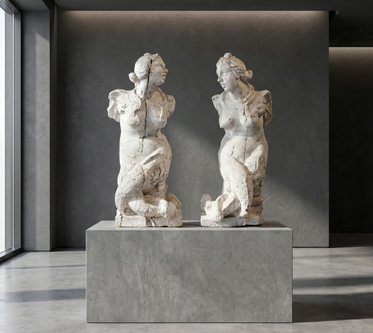 Sculpteur italien (XVIIe siècle) - Paire de sirènes ailées à deux queues.-photo-1