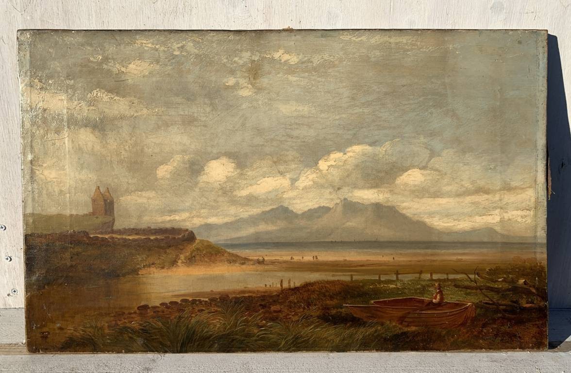 Peintre anglais (fin du XIXe siècle) - Paysage côtier avec château et pêcheur.-photo-4