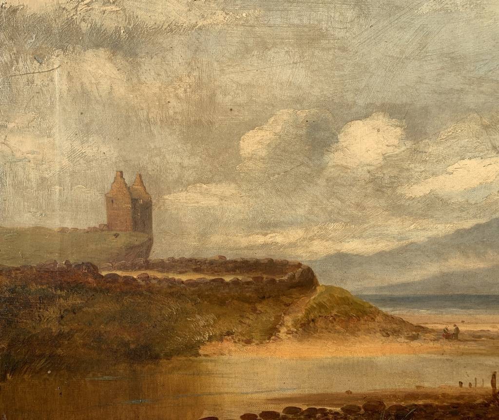 Peintre anglais (fin du XIXe siècle) - Paysage côtier avec château et pêcheur.-photo-1