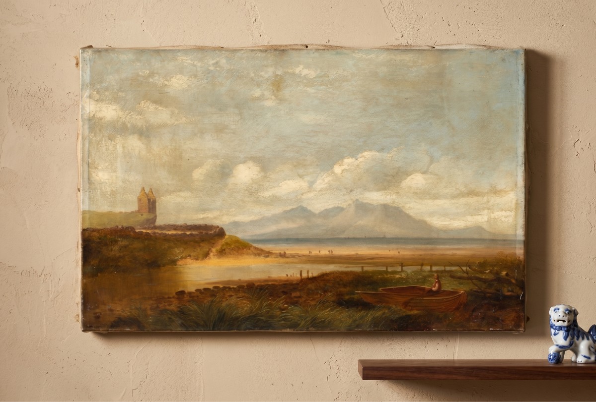 Peintre anglais (fin du XIXe siècle) - Paysage côtier avec château et pêcheur.-photo-3