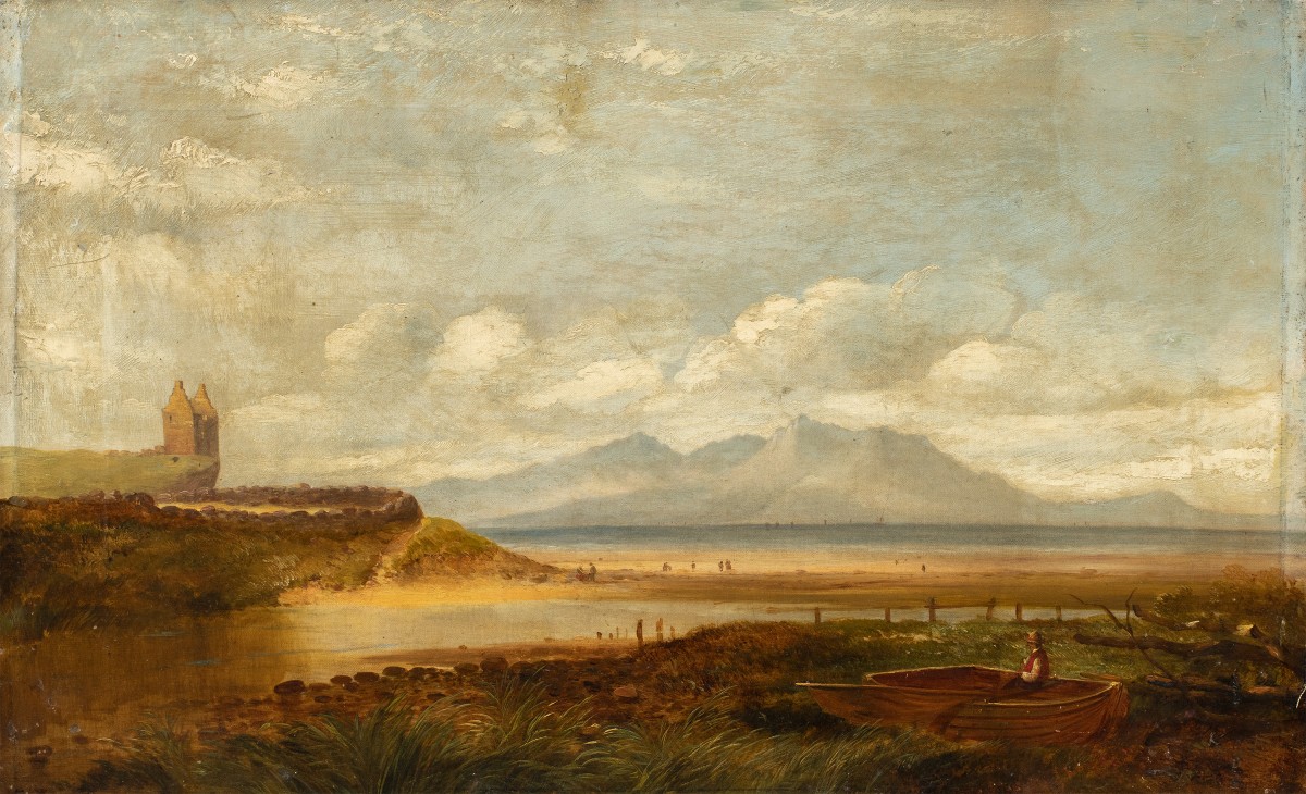 Peintre anglais (fin du XIXe siècle) - Paysage côtier avec château et pêcheur.
