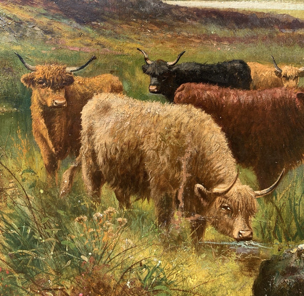 Peintre anglais (fin du XIXe siècle) - Paysage avec vaches des Highlands au bord d'un lac.-photo-1