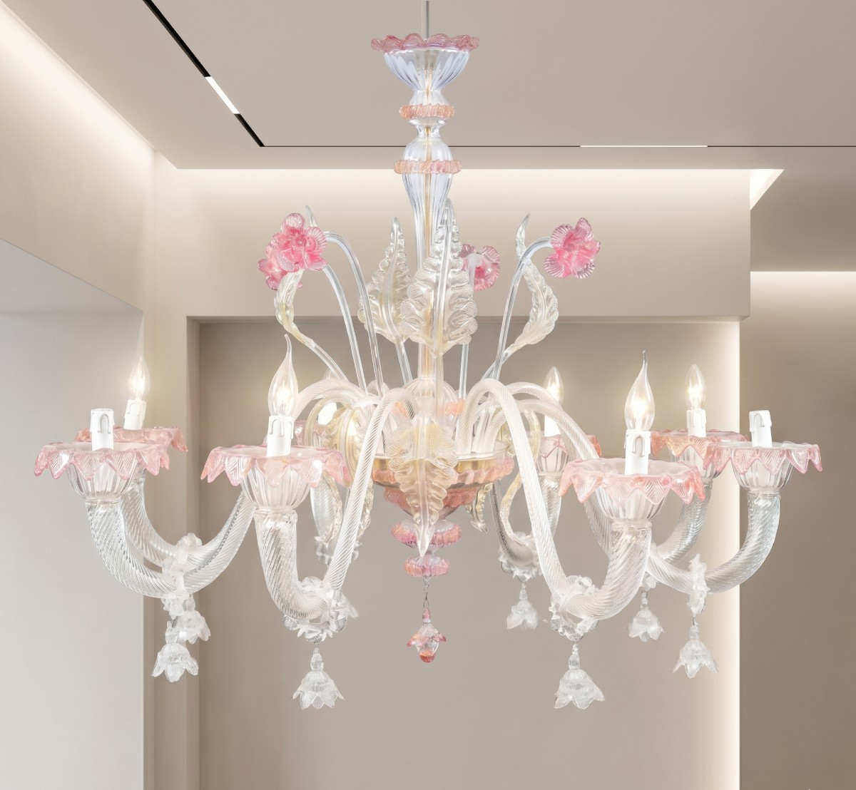 Lustre à huit lumières en verre soufflé de Murano. Italie, début du XXe siècle.-photo-3