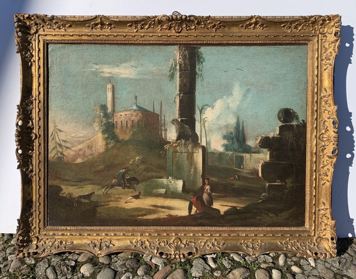 Venetian Painter (xviii) - Architectural Capriccio With Classical Ruins And Heraldic Lion.-photo-1