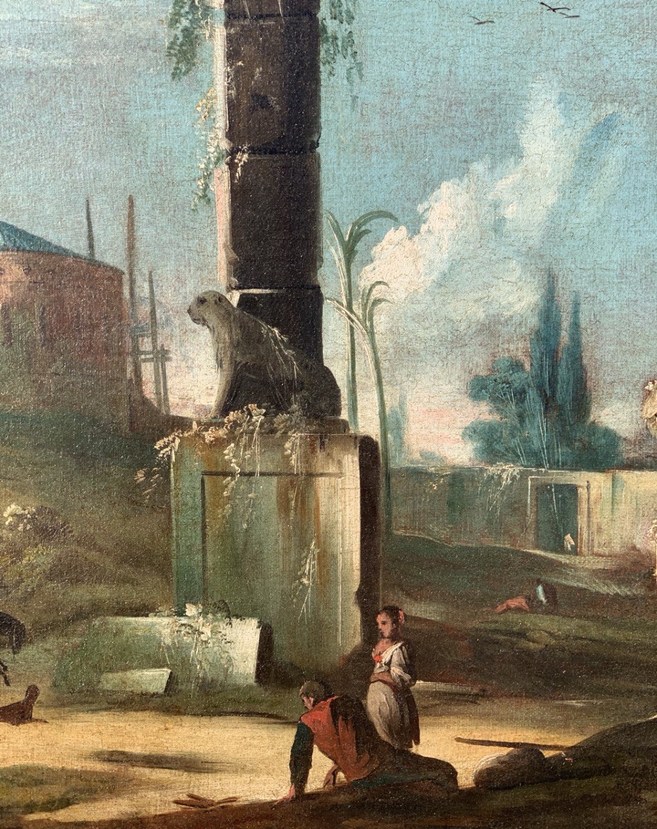 Venetian Painter (xviii) - Architectural Capriccio With Classical Ruins And Heraldic Lion.-photo-3