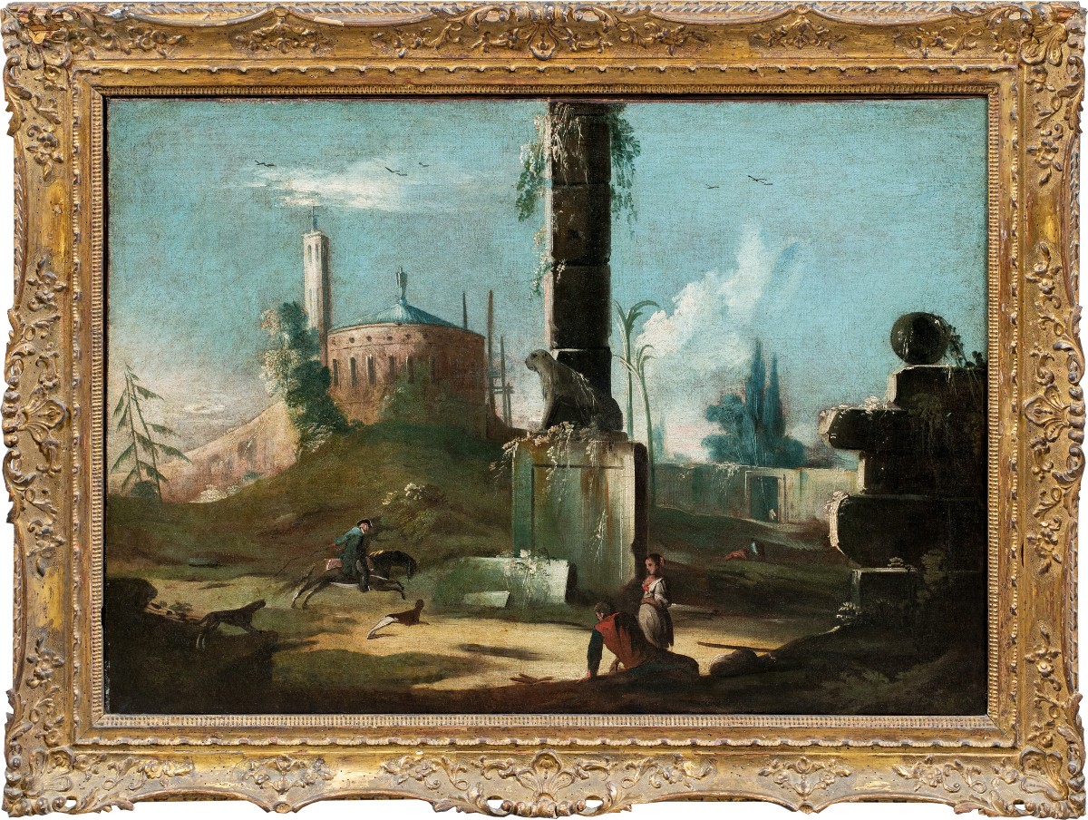 Venetian Painter (xviii) - Architectural Capriccio With Classical Ruins And Heraldic Lion.