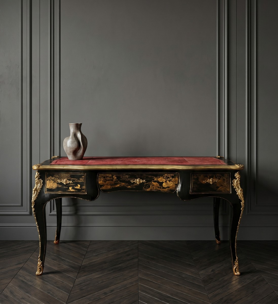 Bureau plat en bois laqué à motifs chinoiserie et applications de bronze doré. Paris, XIX.-photo-3