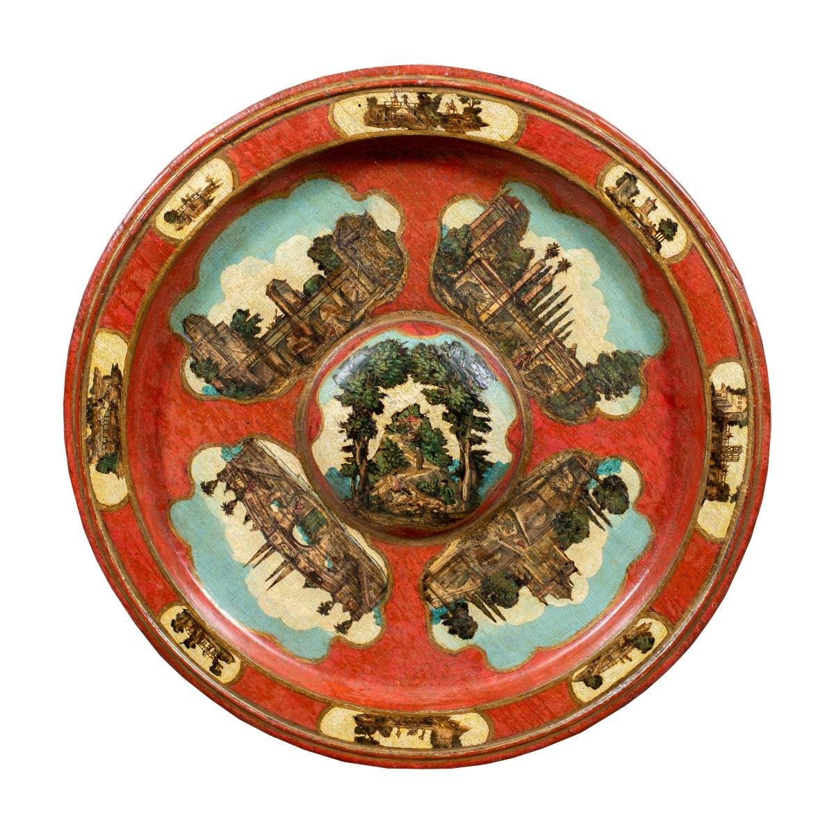 Assiette décorative en bois laqué, ornée de motifs au pochoir de style « Arte Povera ». XVIII.